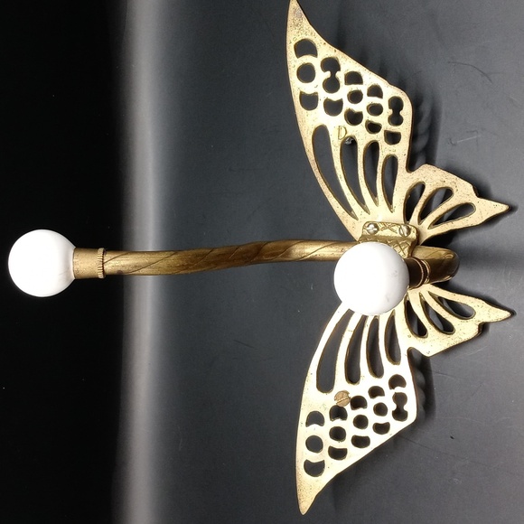 None Other - Vintage Brass Butterfly Wall Hook with White Ceramic Knobs